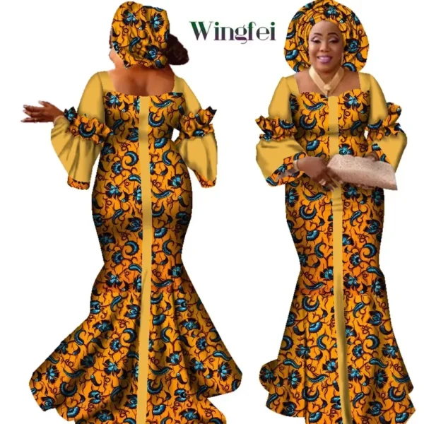 Vestidos africanos para mulheres design de moda novo africano bazin design de moda vestido longo com cachecol roupas africanas wy2347 - Imagem 4